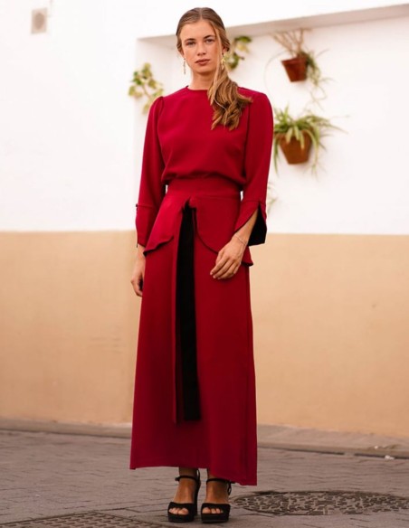 Jupe midi rouge évasée avec volants et laçage