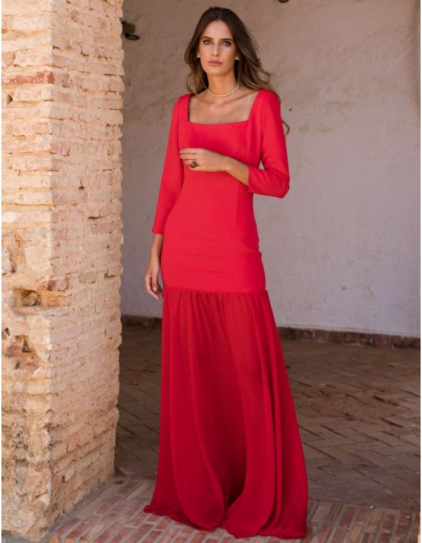 Long red dress with chiffon skirt and crepe bodice