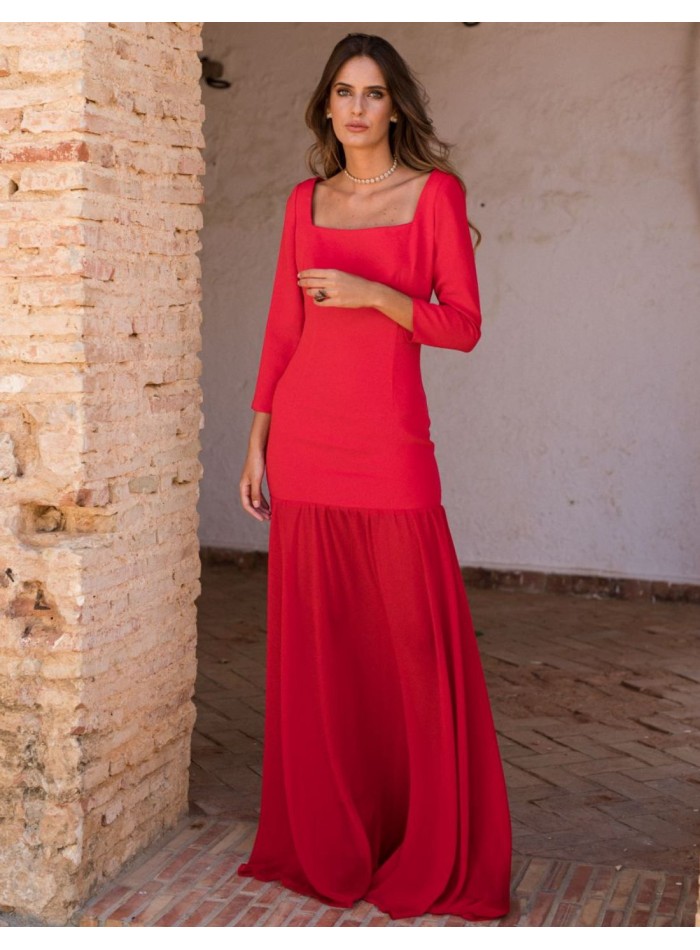 Long red dress with chiffon skirt and crepe bodice