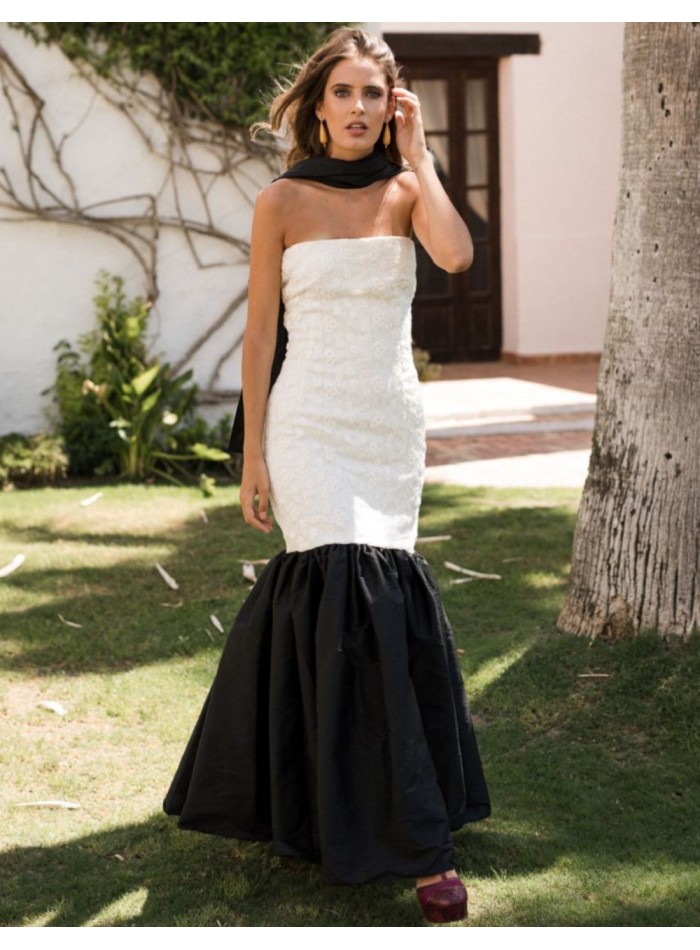 Vestido largo palabra de honor blanco y negro