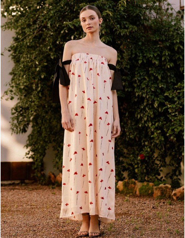Robe midi beige à imprimé coquelicot