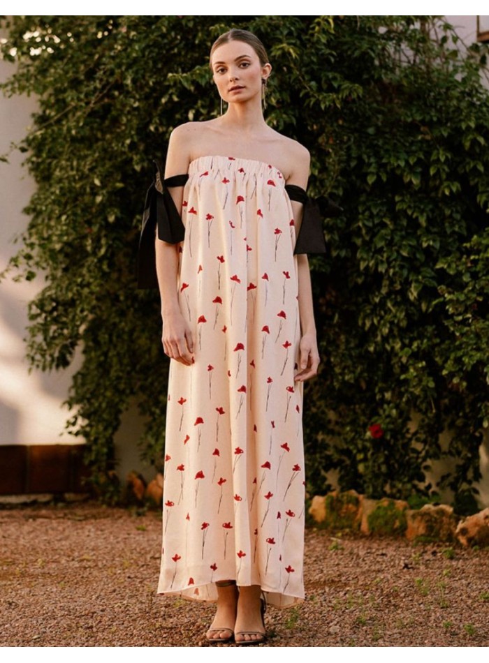 Vestido midi beige con estampado de rosas