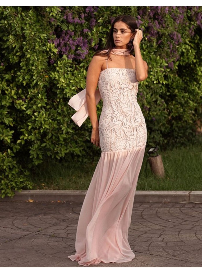 Long pink pearl lace dress with chiffon skirt