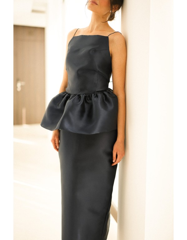 Navy blue satin midi skirt with slit 2