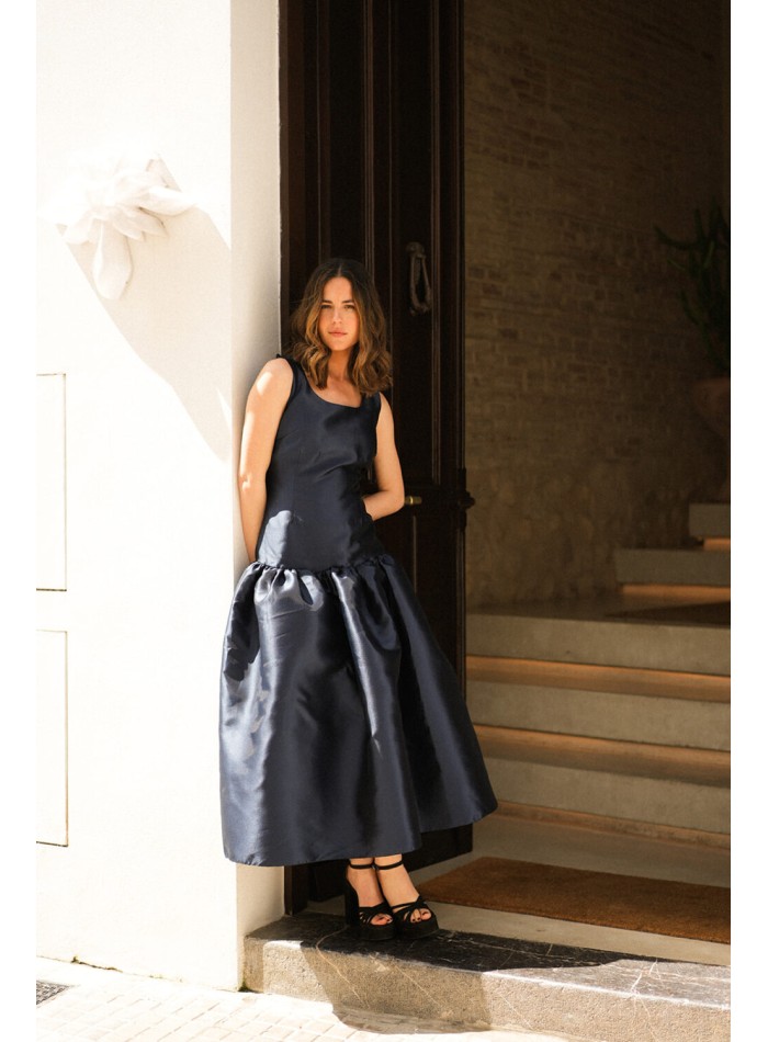 Navy blue midi party dress with maxi mikado...