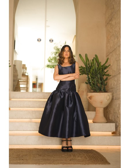 Robe de soirée midi bleu marine avec volant maxi mikado