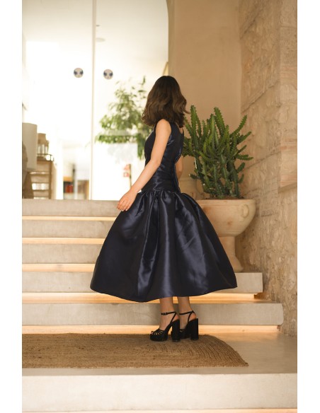 Navy blue midi party dress with maxi mikado flounce
