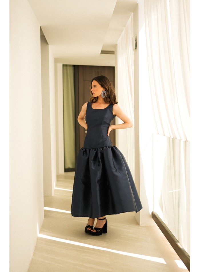 Navy blue midi party dress with maxi mikado...
