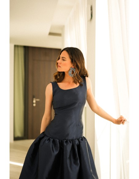 Navy blue midi party dress with maxi mikado flounce