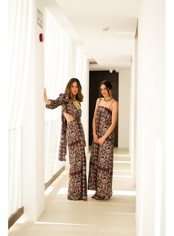 Long cut-out ethnic print dress with french...