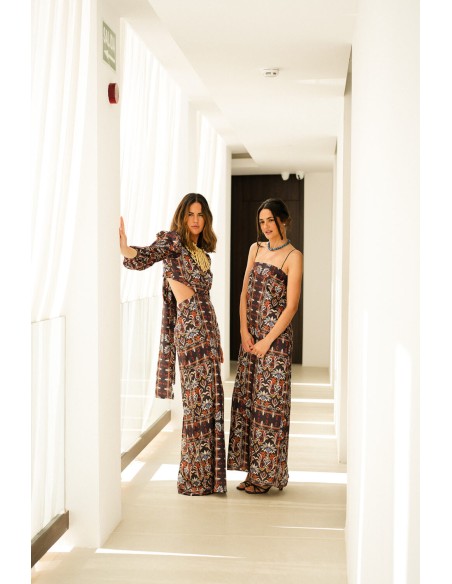 Robe longue découpée à imprimé ethnique avec manches françaises