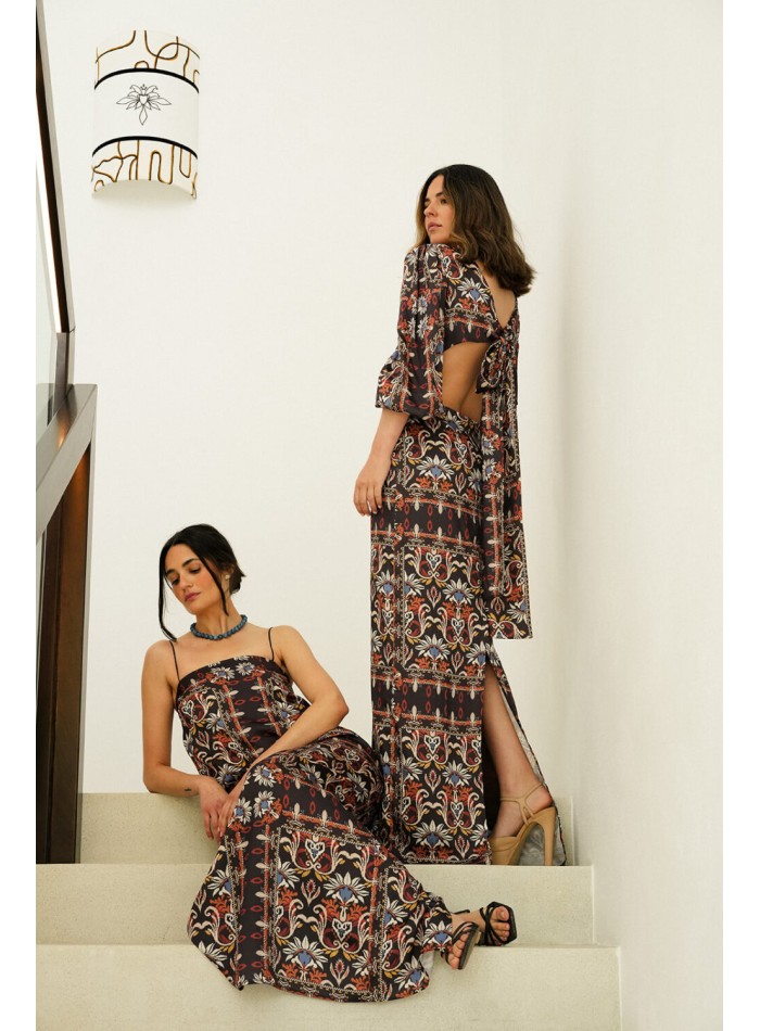Long cut-out ethnic print dress with french...