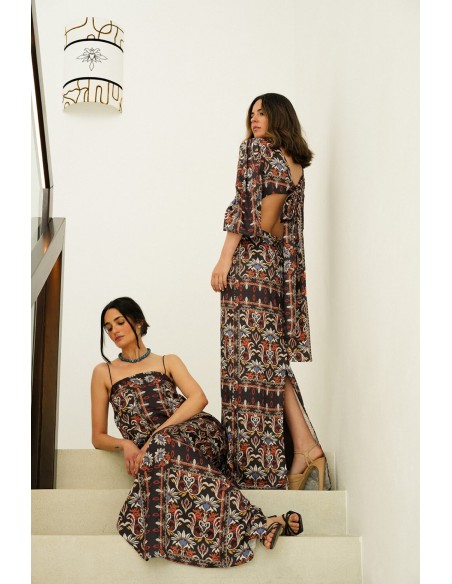Long cut-out ethnic print dress with french sleeves