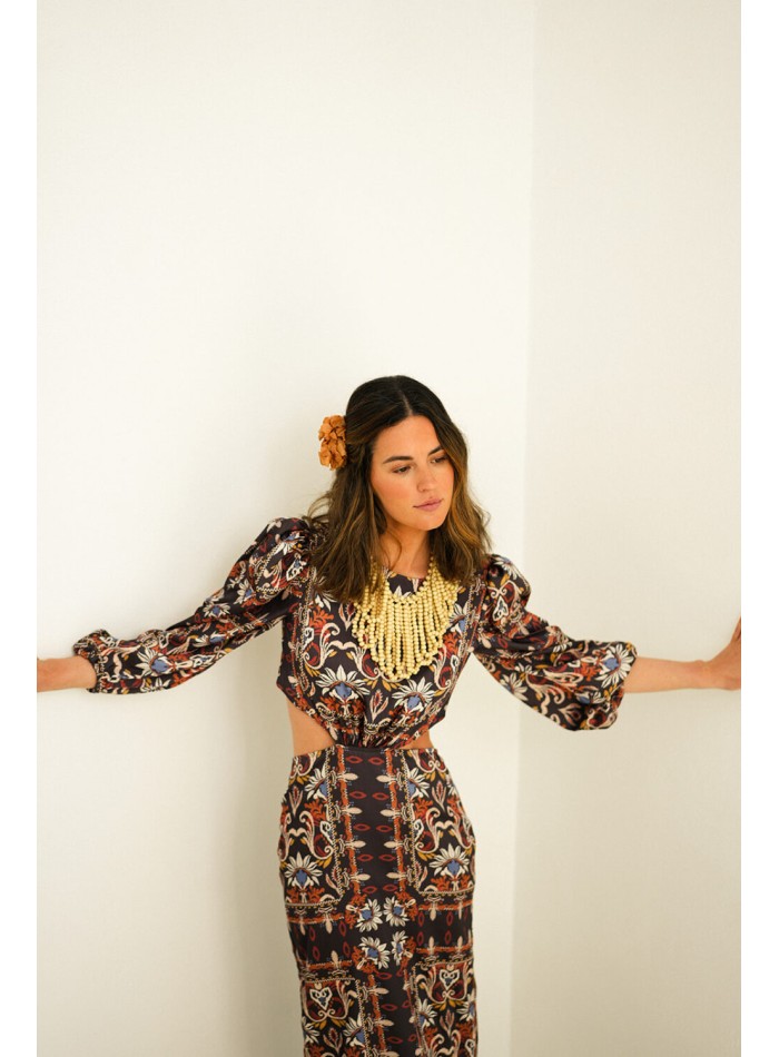 Long cut-out ethnic print dress with french...