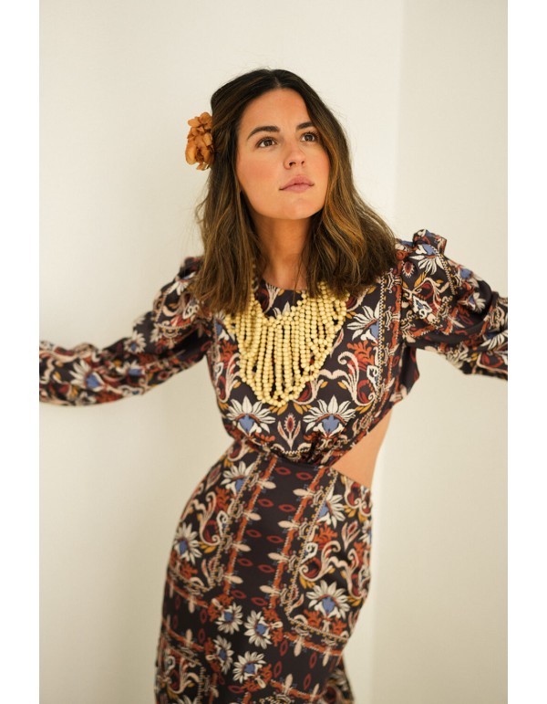 Long cut-out ethnic print dress with french sleeves 2