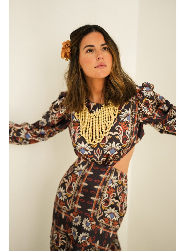 Robe longue découpée à imprimé ethnique avec...