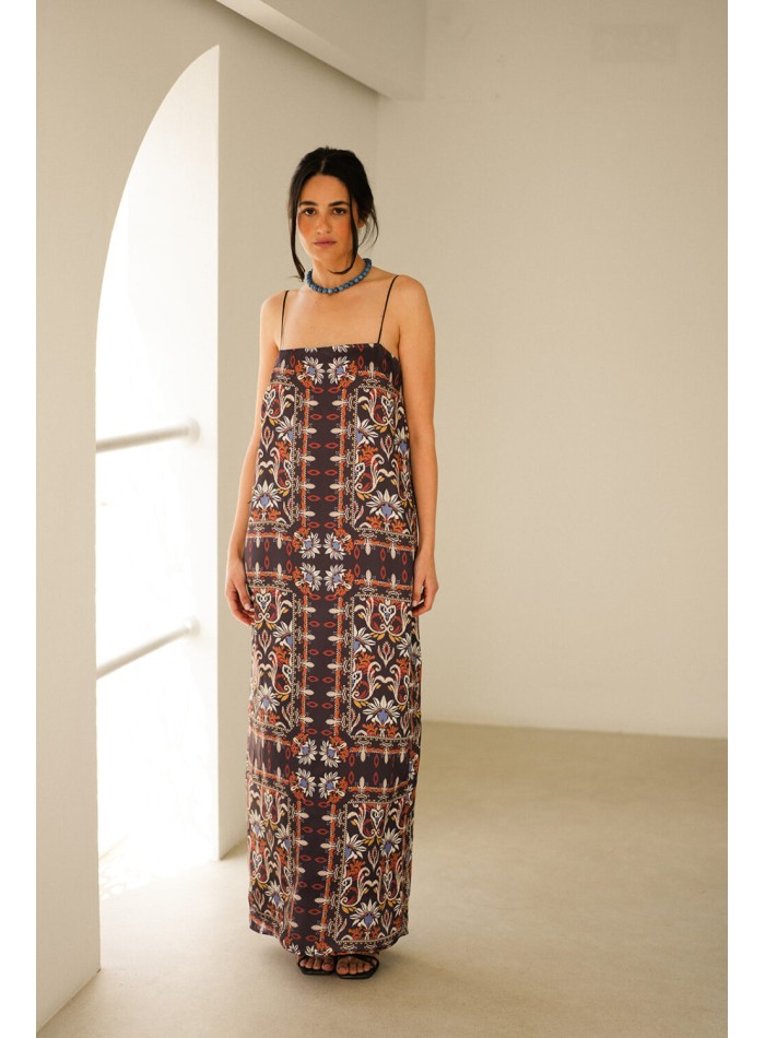 Robe droite longue à imprimé ethnique