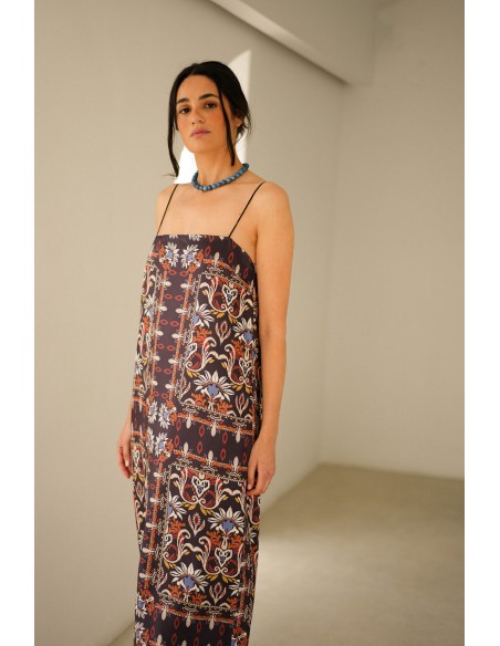 Robe droite longue à imprimé ethnique