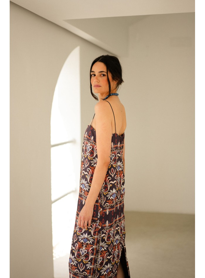 Robe droite longue à imprimé ethnique