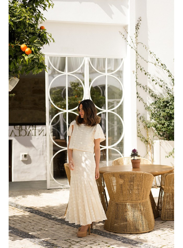 Raw macramé party midi skirt with high ruffle