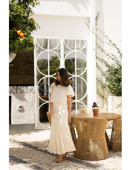 Raw macramé party midi skirt with high ruffle