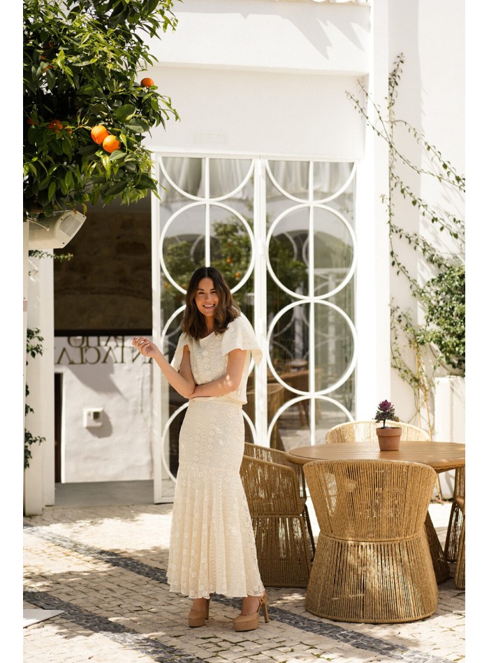 Raw macramé party midi skirt with high ruffle