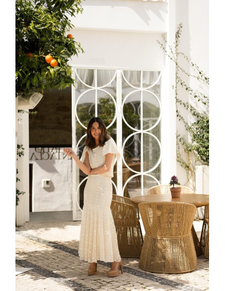 Raw macramé party midi skirt with high ruffle