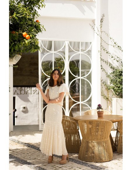 Raw macramé party midi skirt with high ruffle