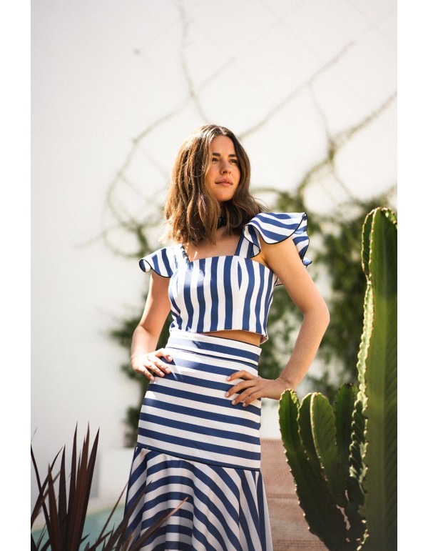 Strapless top with stripes and ruffles