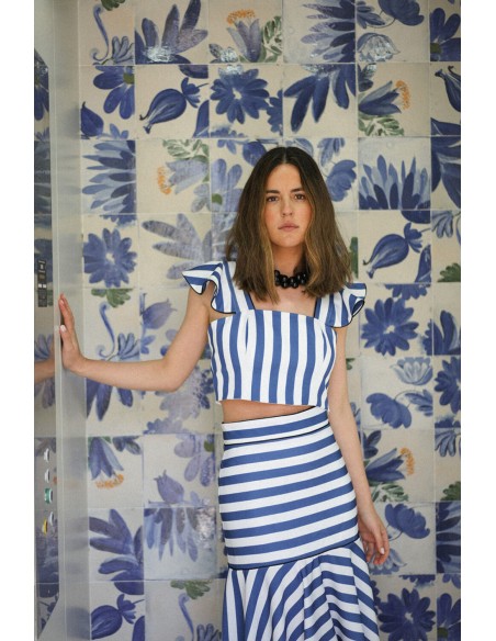 Strapless top with stripes and ruffles