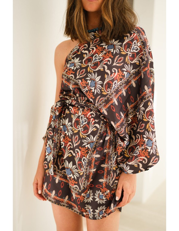 Robe courte à imprimé ethnique avec encolure asymétrique 2