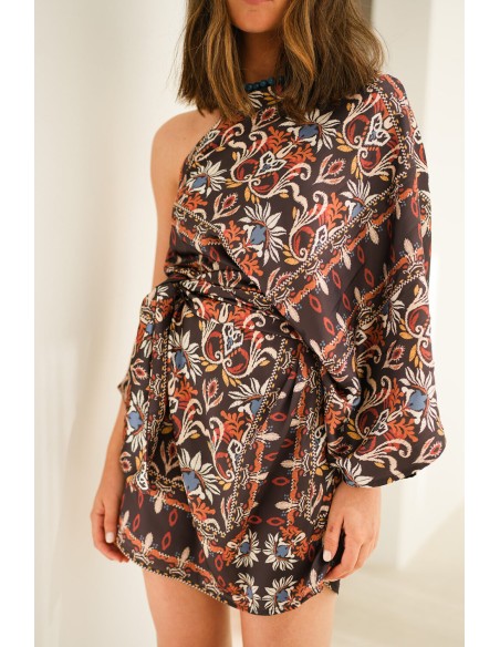 Vestido corto estampado étnico con escote asimétrico para eventos