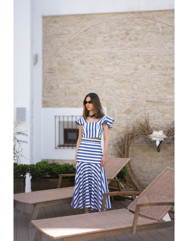 Falda midi de rayas con volante 2