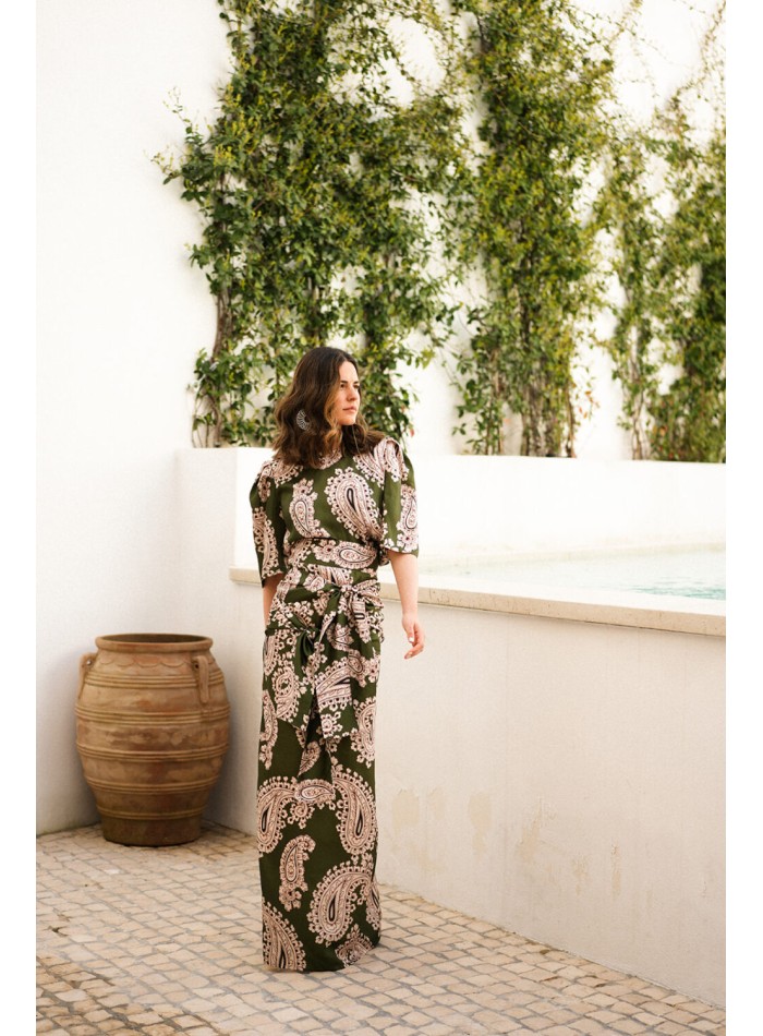 Green ethnic print long skirt with double knotting