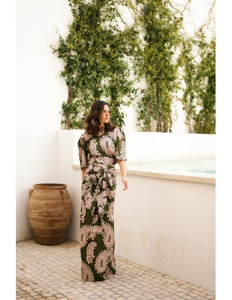 Green ethnic print long skirt with double knotting