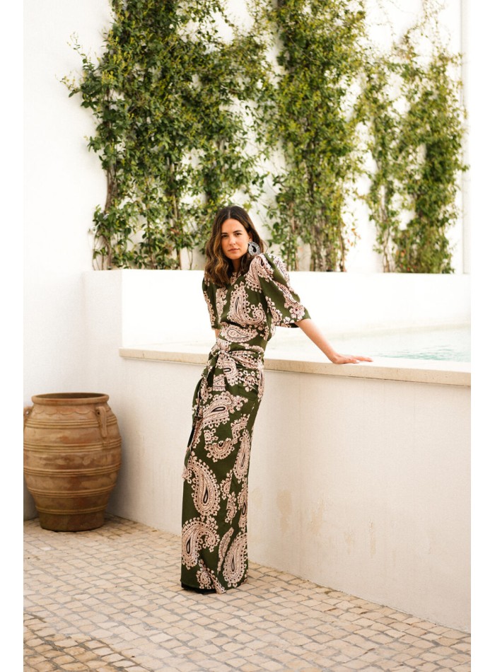 Jupe longue imprimée ethnique verte avec motif...