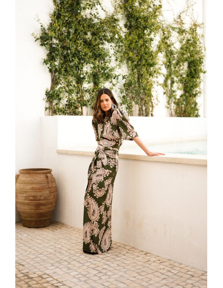 Green ethnic print long skirt with double knotting