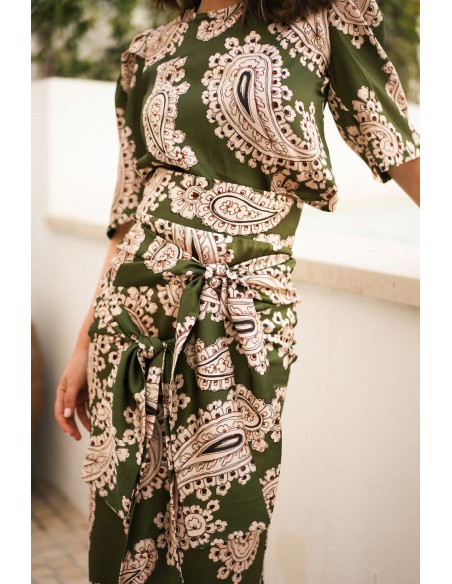 Green ethnic print long skirt with double knotting