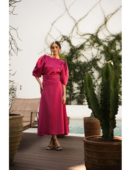 Jupe midi évasée fuchsia avec fermeture éclair invisible