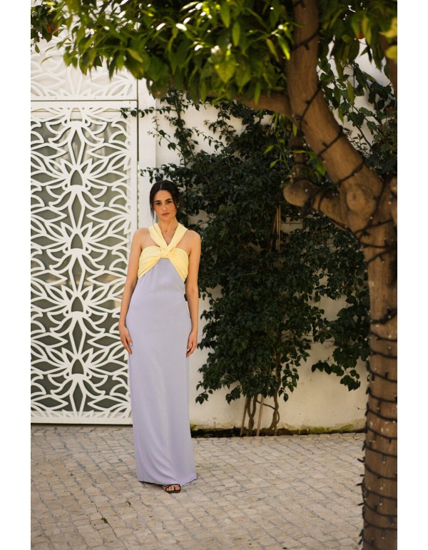 Vestido de fiesta bicolor con escote halter anudado 2
