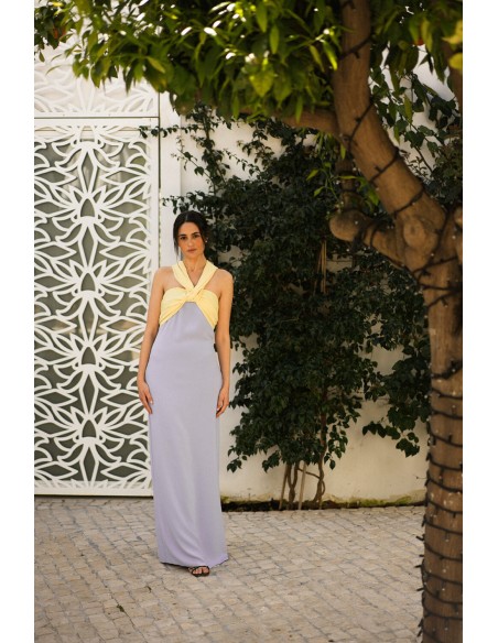 Bicolor party dress with knotted halter neckline