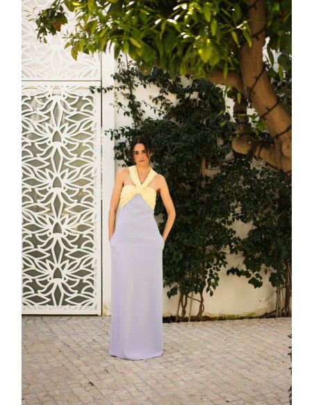 Bicolor party dress with knotted halter neckline