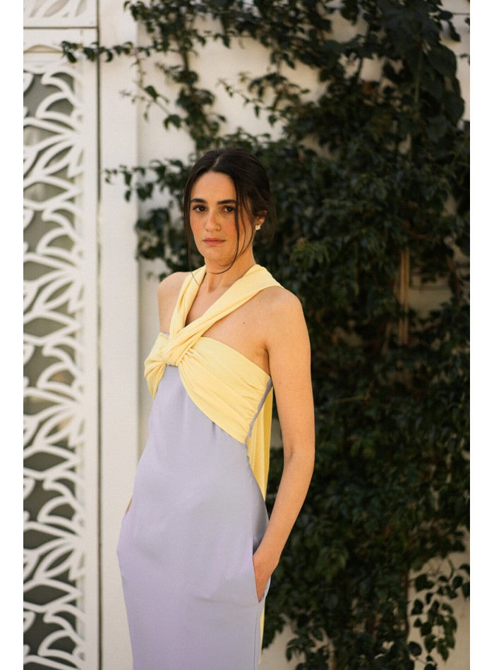 Bicolor party dress with knotted halter neckline