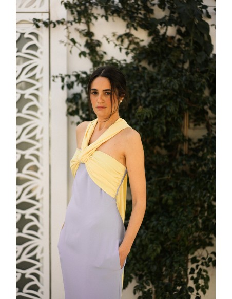 Bicolor party dress with knotted halter neckline