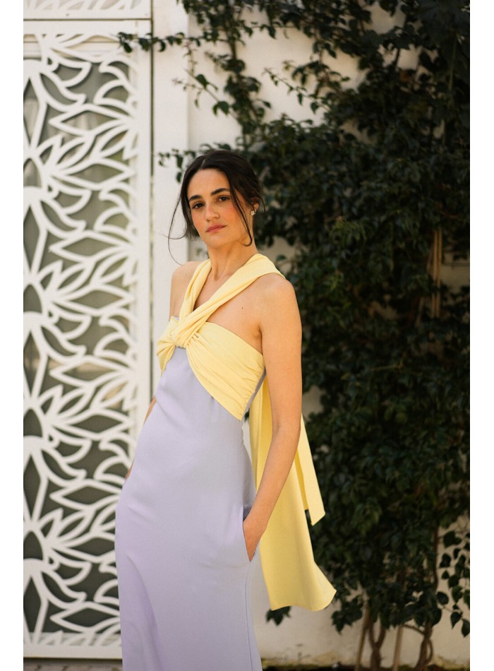 Bicolor party dress with knotted halter neckline