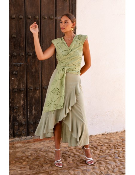 Green linen guest ensemble with wrap skirt