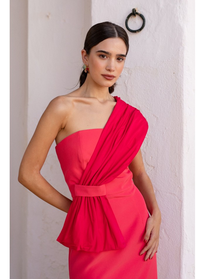 Deep pink midi guest dress with asymmetrical...