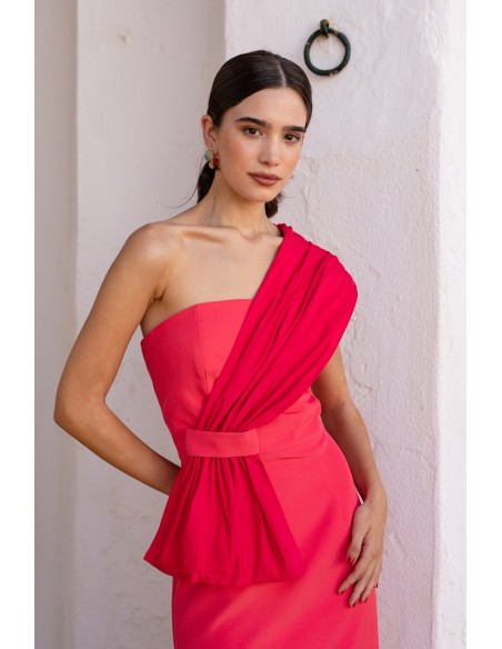 Deep pink midi guest dress with asymmetrical neckline