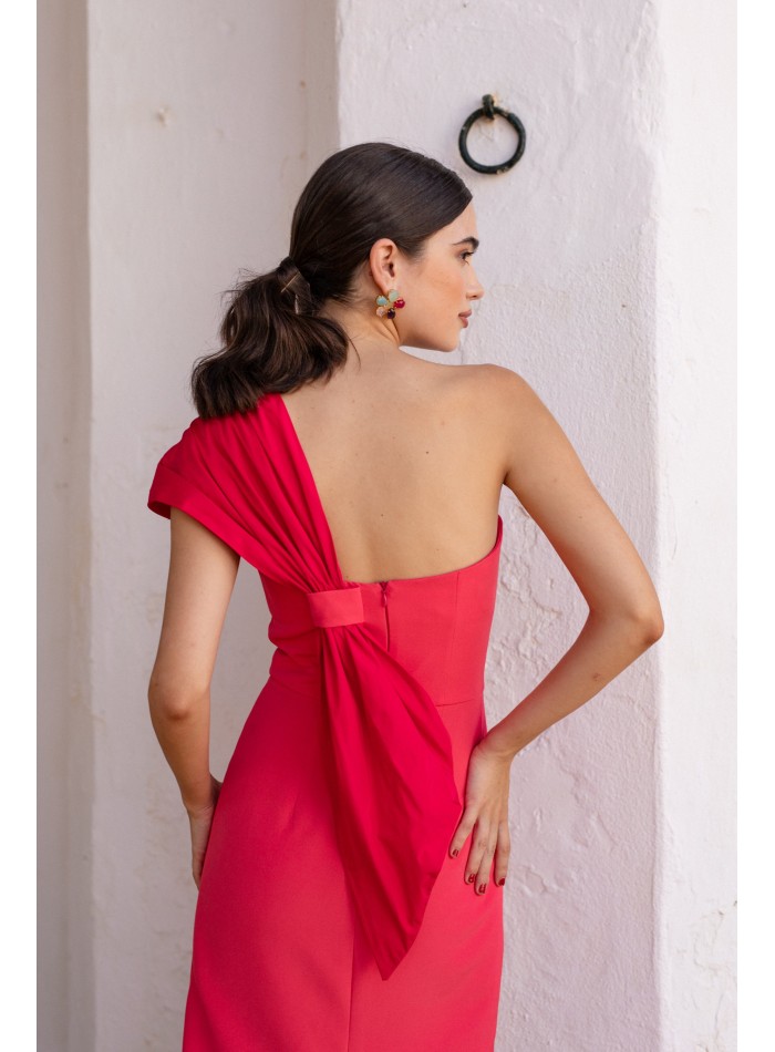 Deep pink midi guest dress with asymmetrical...