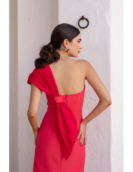 Deep pink midi guest dress with asymmetrical neckline